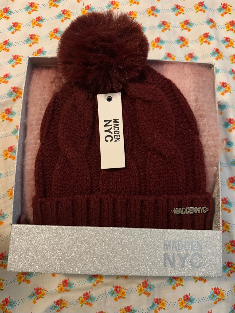 💜Madden NYC Women’s Cable Beanie with Faux Fur Pom with Plaid Scarf